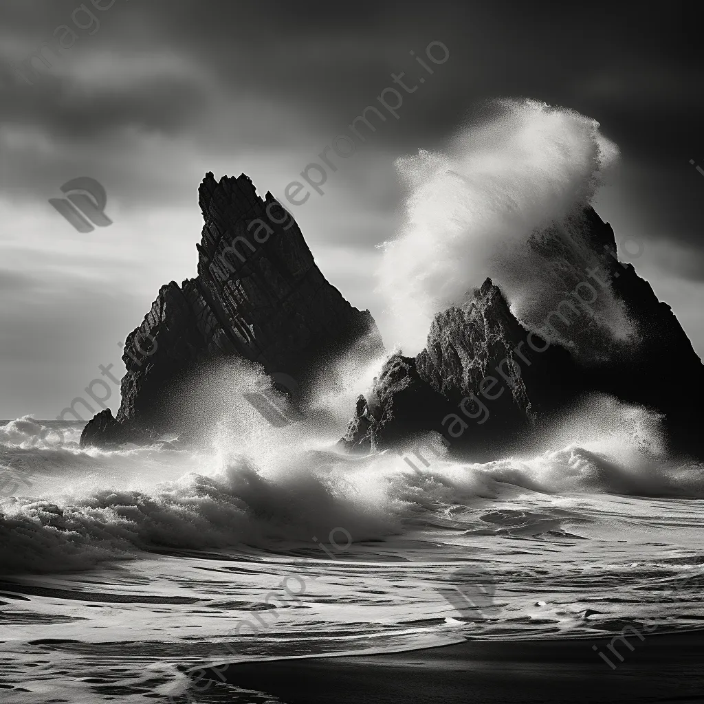 Waves crashing against coastal sea stacks in black and white - Image 2