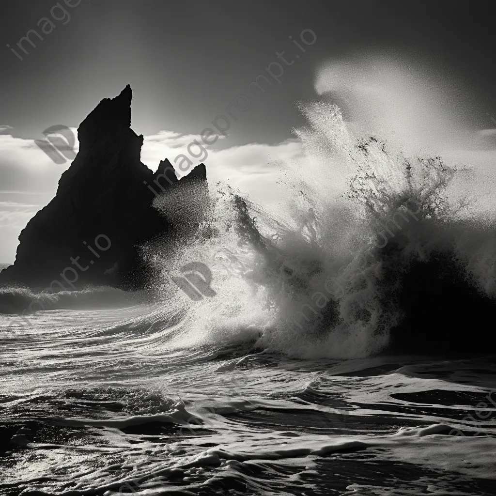 Waves crashing against coastal sea stacks in black and white - Image 4