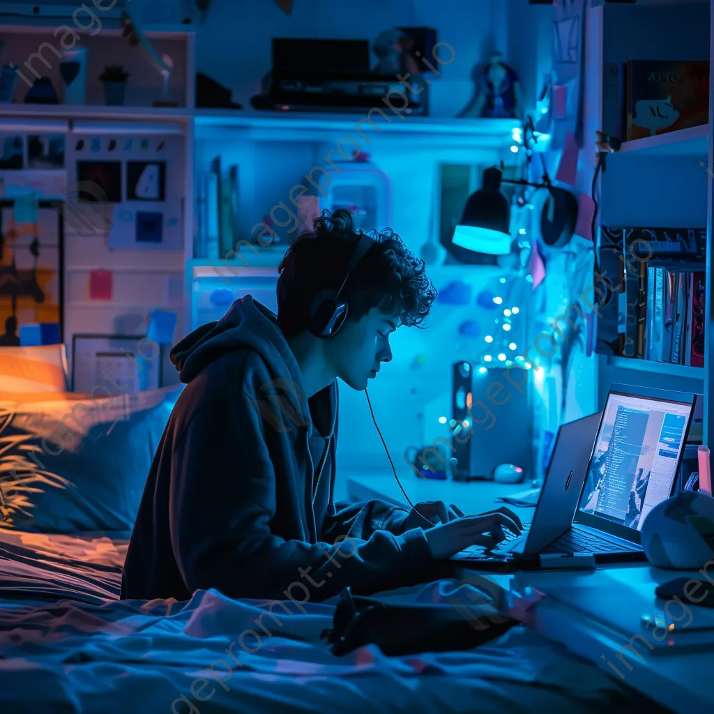 Teenager programming on laptop in a modern bedroom - Image 1