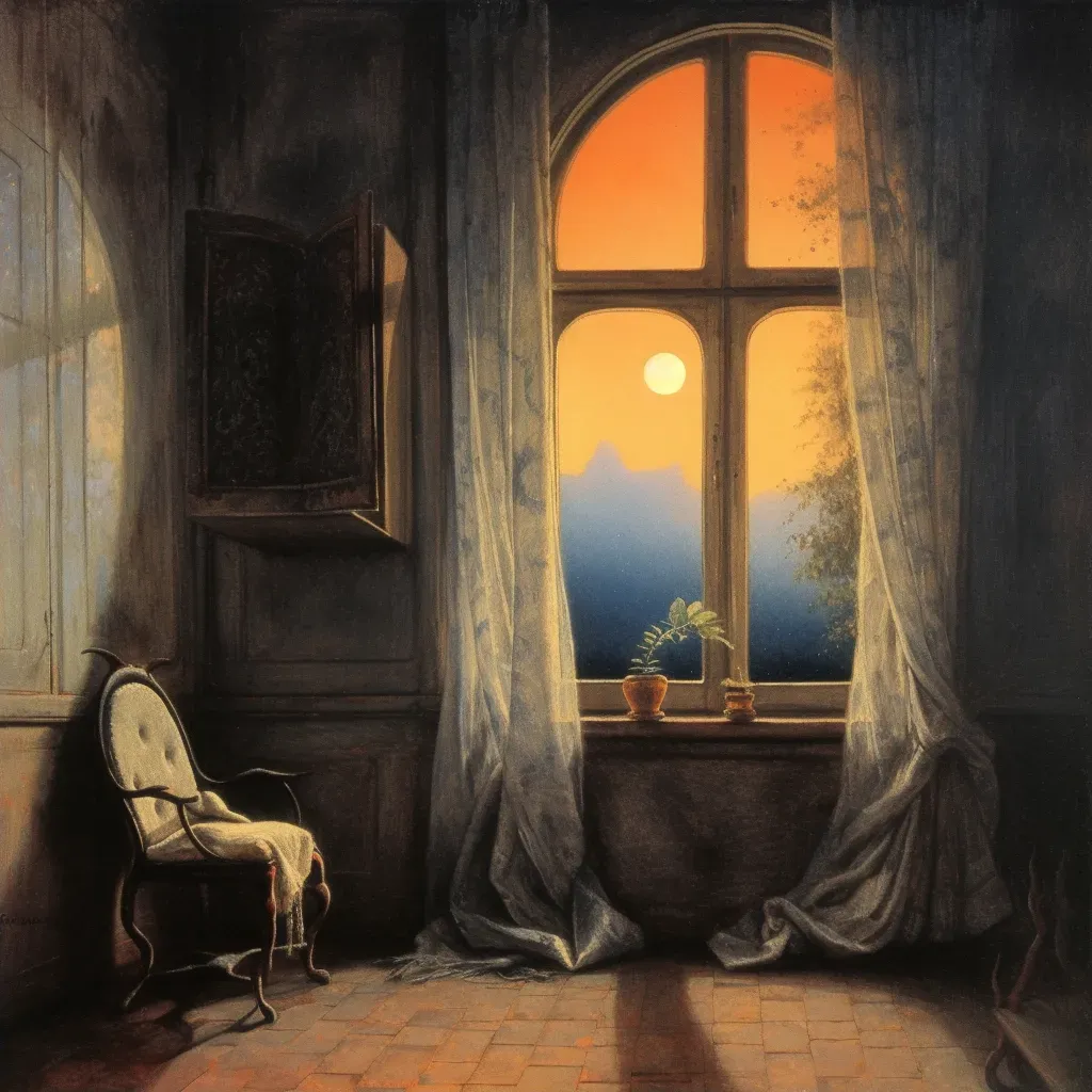 Window showing vibrant sunrise and moonlit night in dimly lit room - Image 2