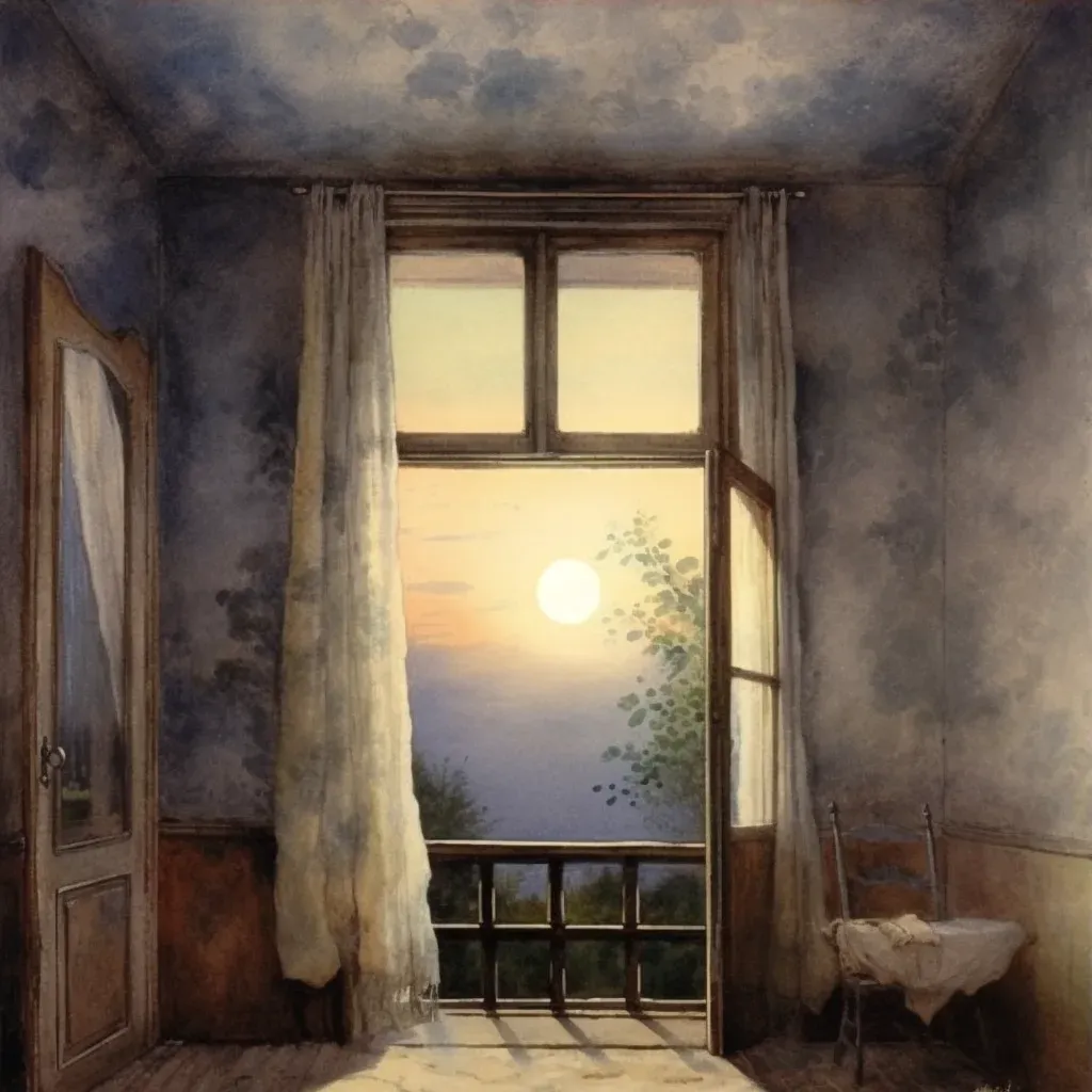 Window showing vibrant sunrise and moonlit night in dimly lit room - Image 3