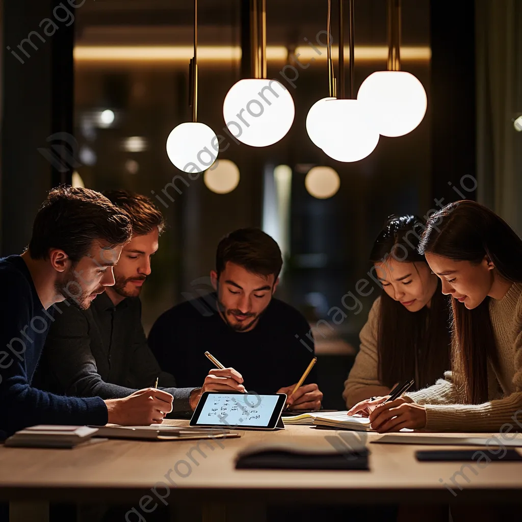 Team brainstorming with digital tablet around a round table - Image 1