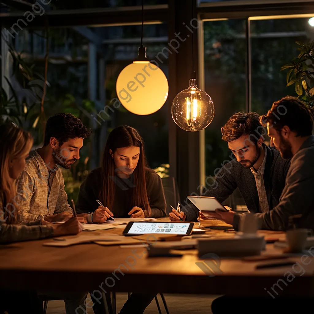 Team brainstorming with digital tablet around a round table - Image 3