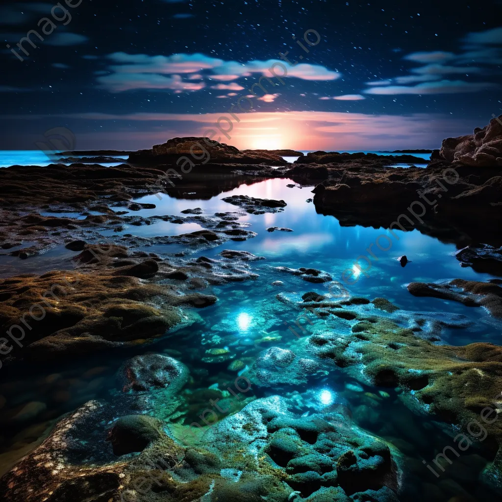 Rock pool glowing with bioluminescent organisms at twilight - Image 2