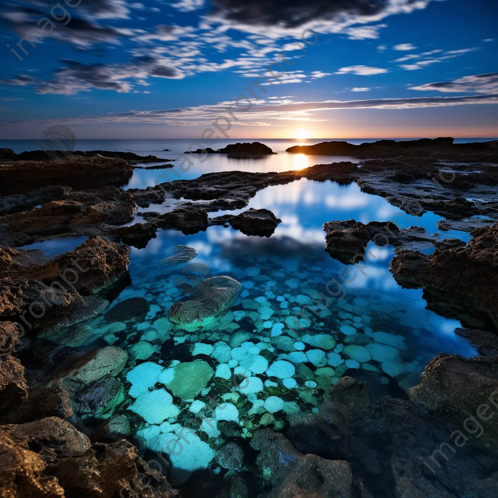 Rock pool glowing with bioluminescent organisms at twilight - Image 3