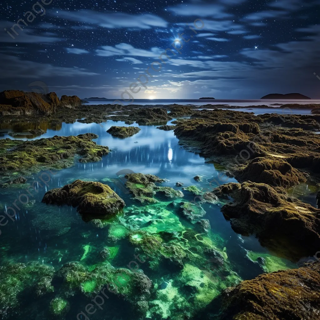 Rock pool glowing with bioluminescent organisms at twilight - Image 4