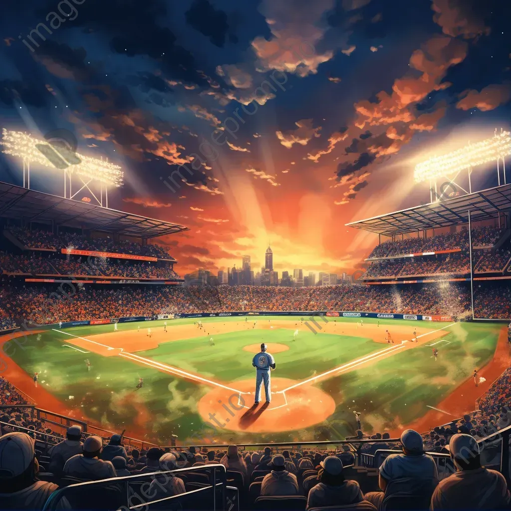 Baseball stadium at twilight with players in action and fans in the stands - Image 1