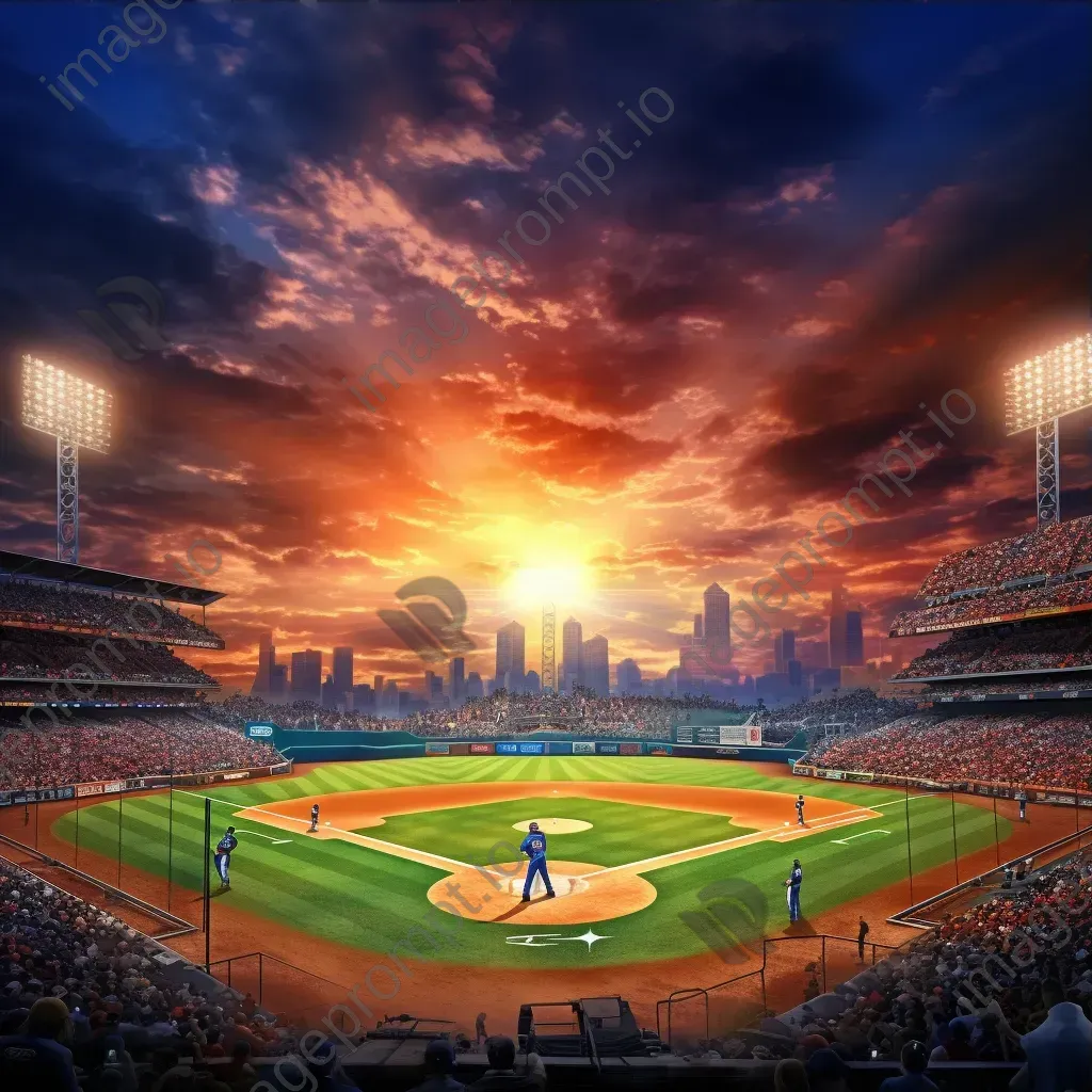 Baseball stadium at twilight with players in action and fans in the stands - Image 3