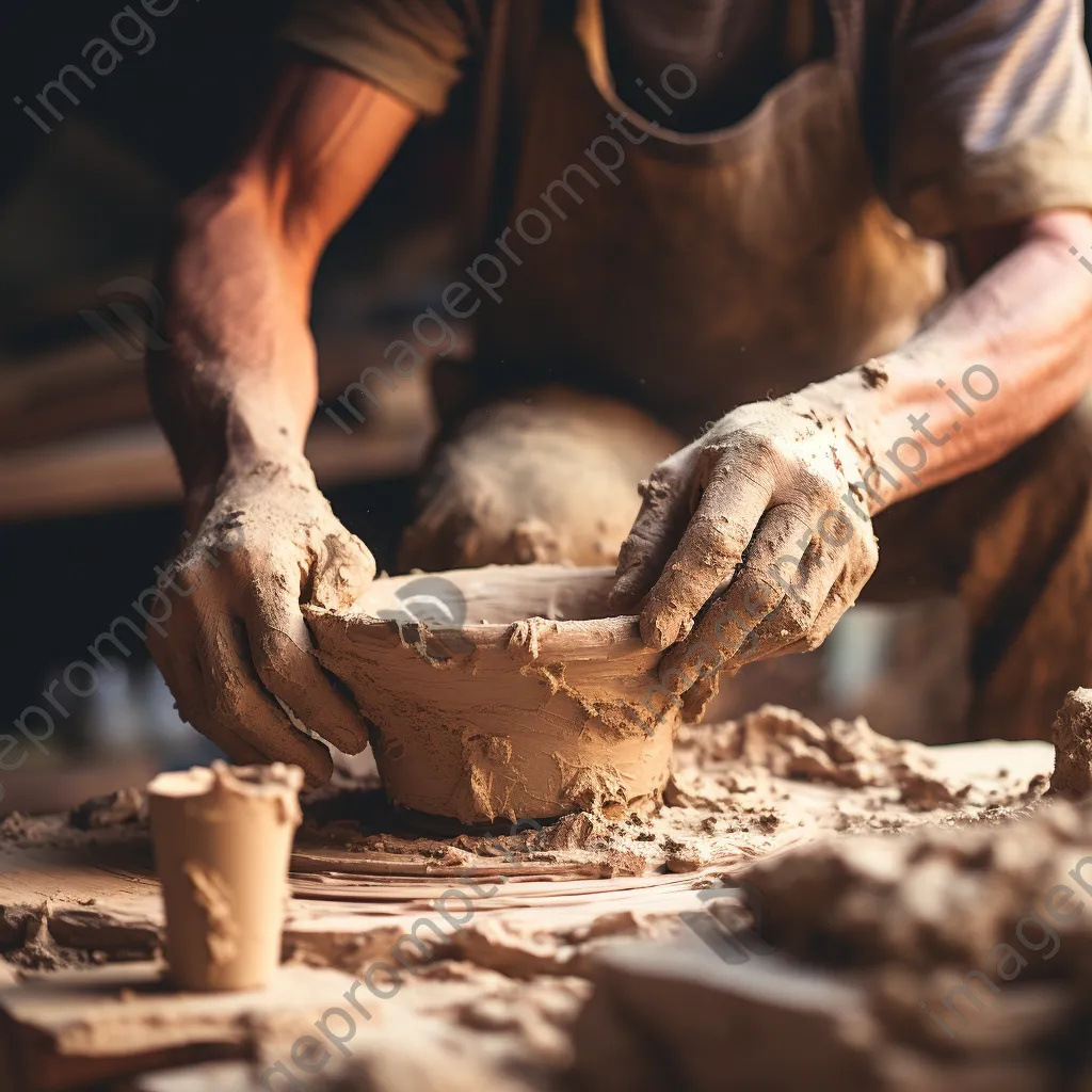 Artisan shaping wet clay into bricks in a workshop - Image 1