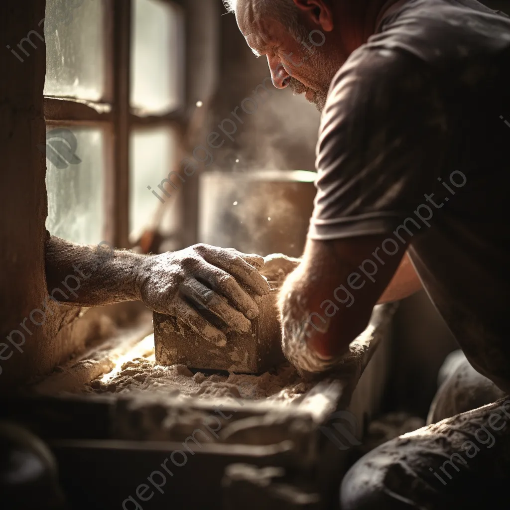 Artisan shaping wet clay into bricks in a workshop - Image 2