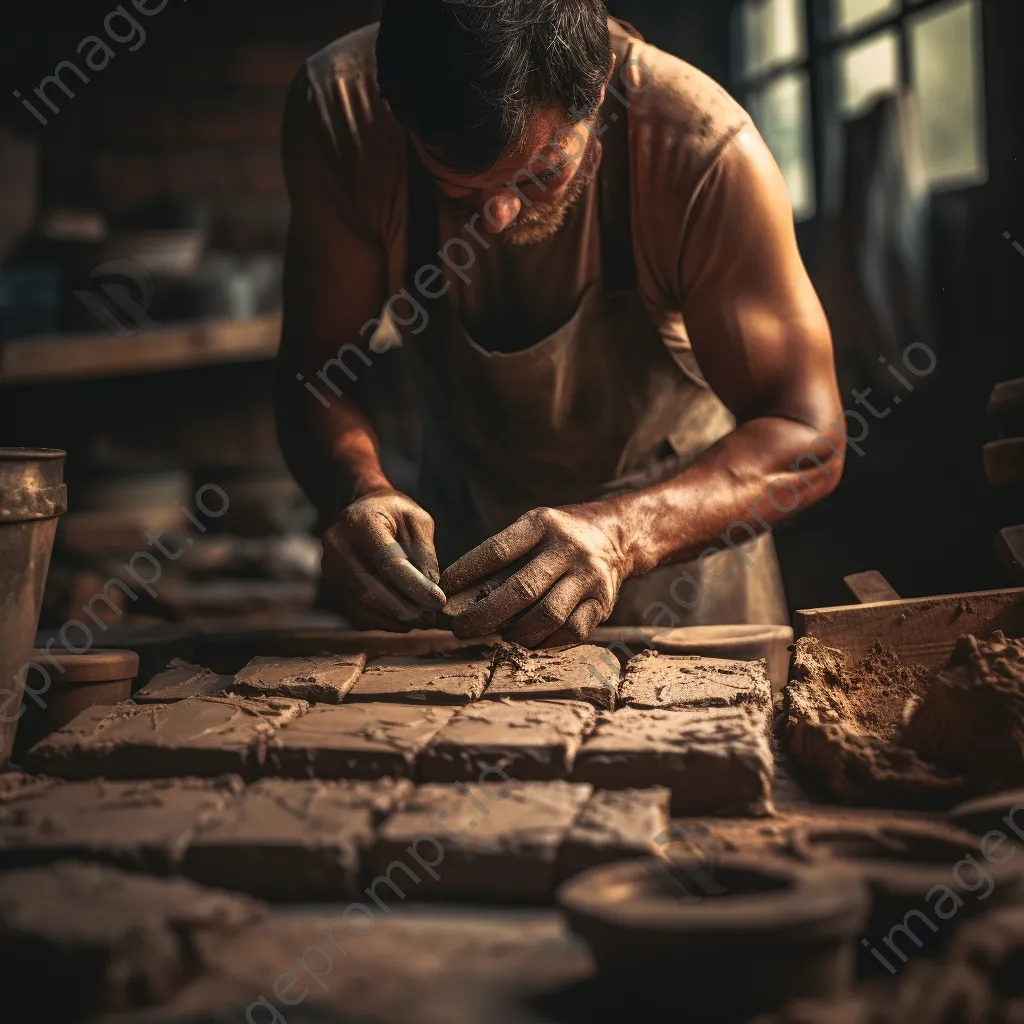 Artisan shaping wet clay into bricks in a workshop - Image 4