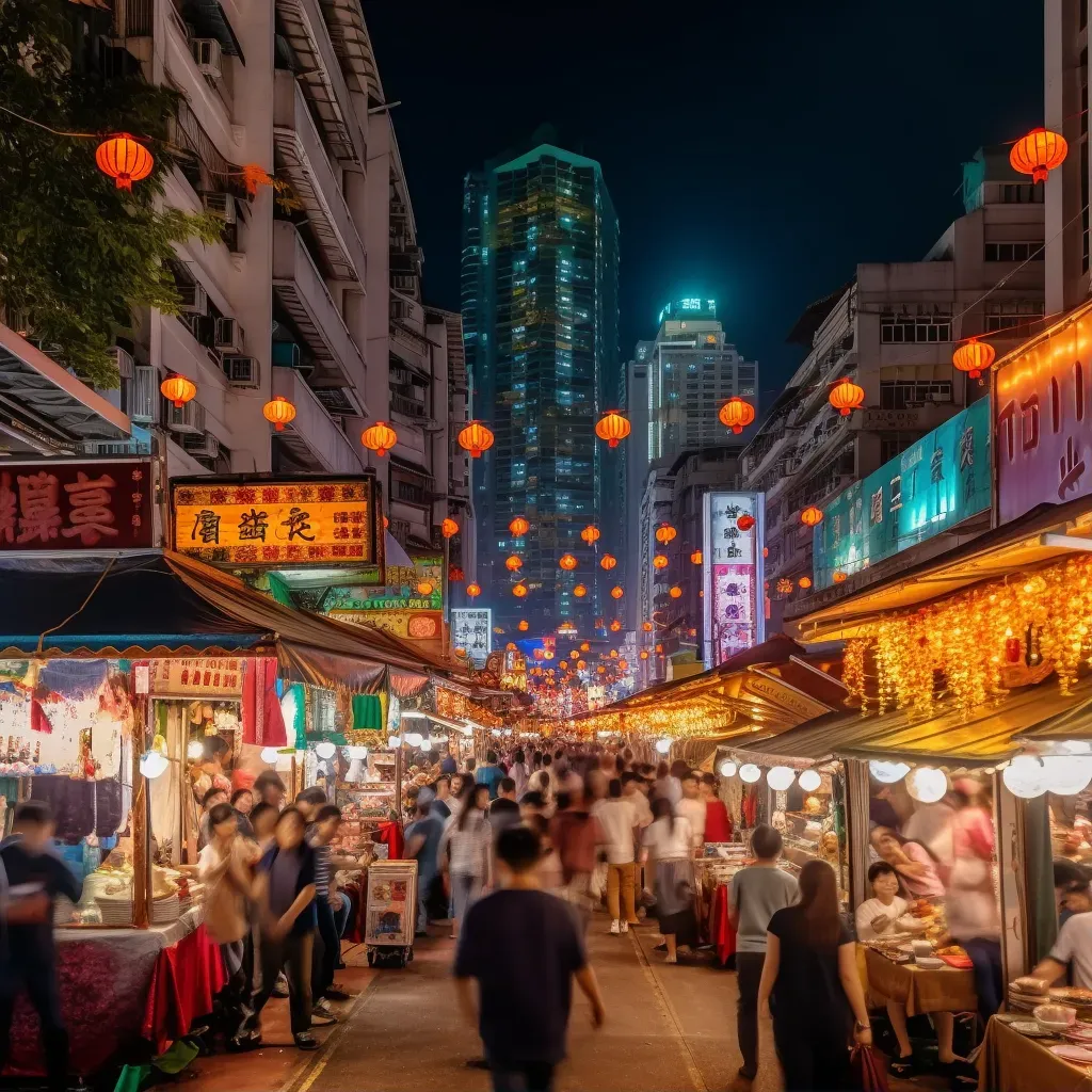 Bustling night market with colorful food stalls and lanterns under city lights - Image 1