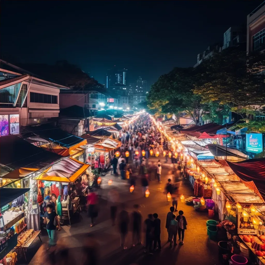 Bustling night market with colorful food stalls and lanterns under city lights - Image 4