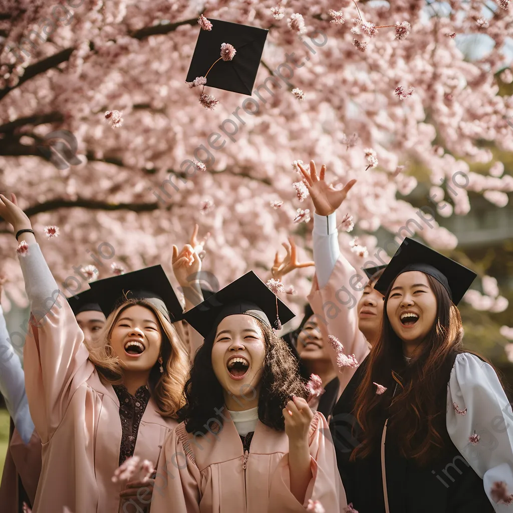 Diverse group of graduates throwing their caps under cherry blossom trees - Image 1