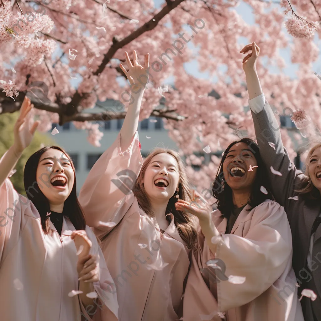 Diverse group of graduates throwing their caps under cherry blossom trees - Image 2