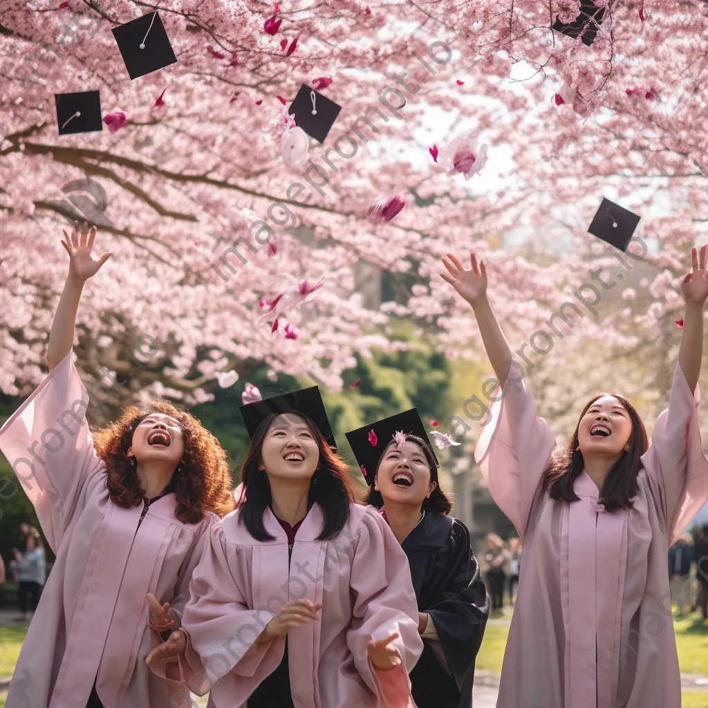 Diverse group of graduates throwing their caps under cherry blossom trees - Image 3