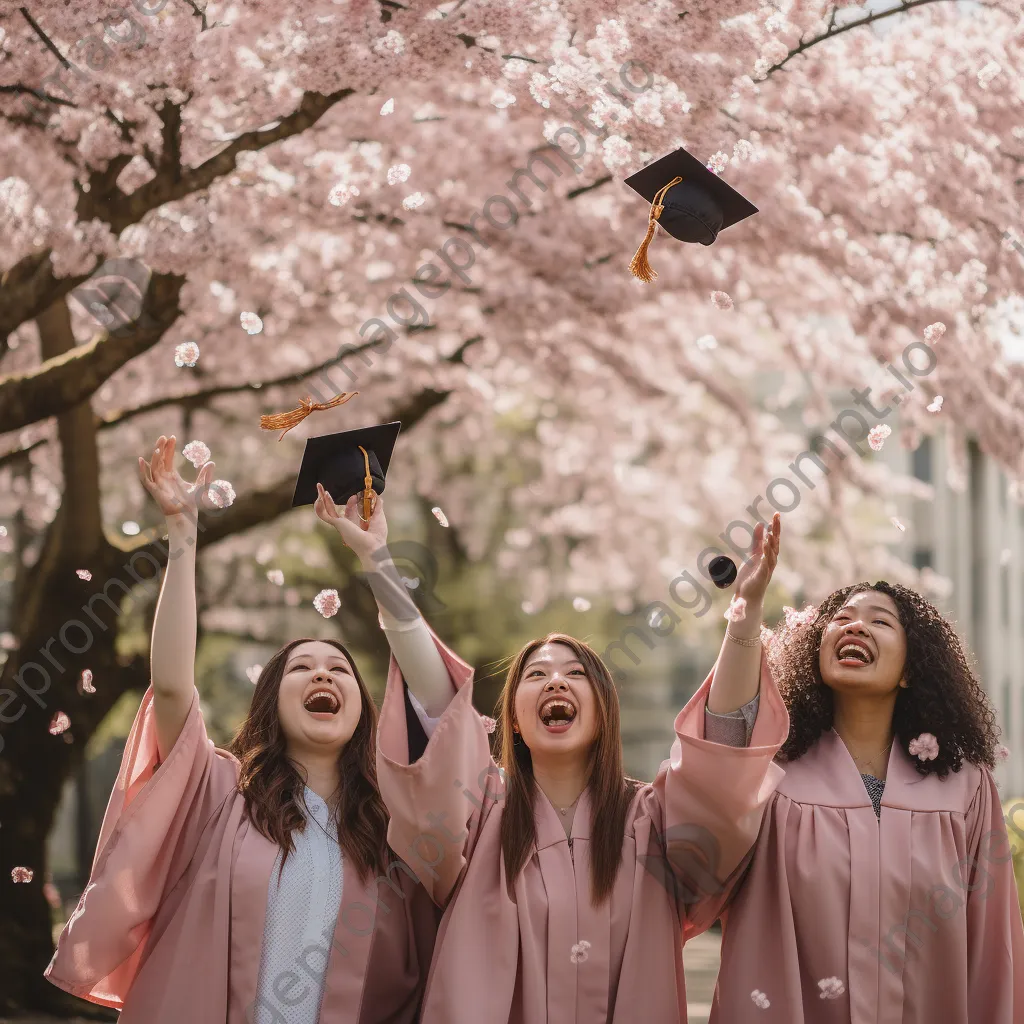 Diverse group of graduates throwing their caps under cherry blossom trees - Image 4