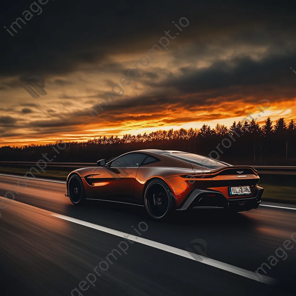 Sleek sports car driving on an empty highway at sunset - Image 1