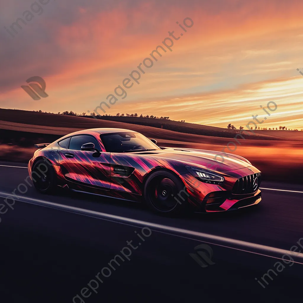 Sleek sports car driving on an empty highway at sunset - Image 2