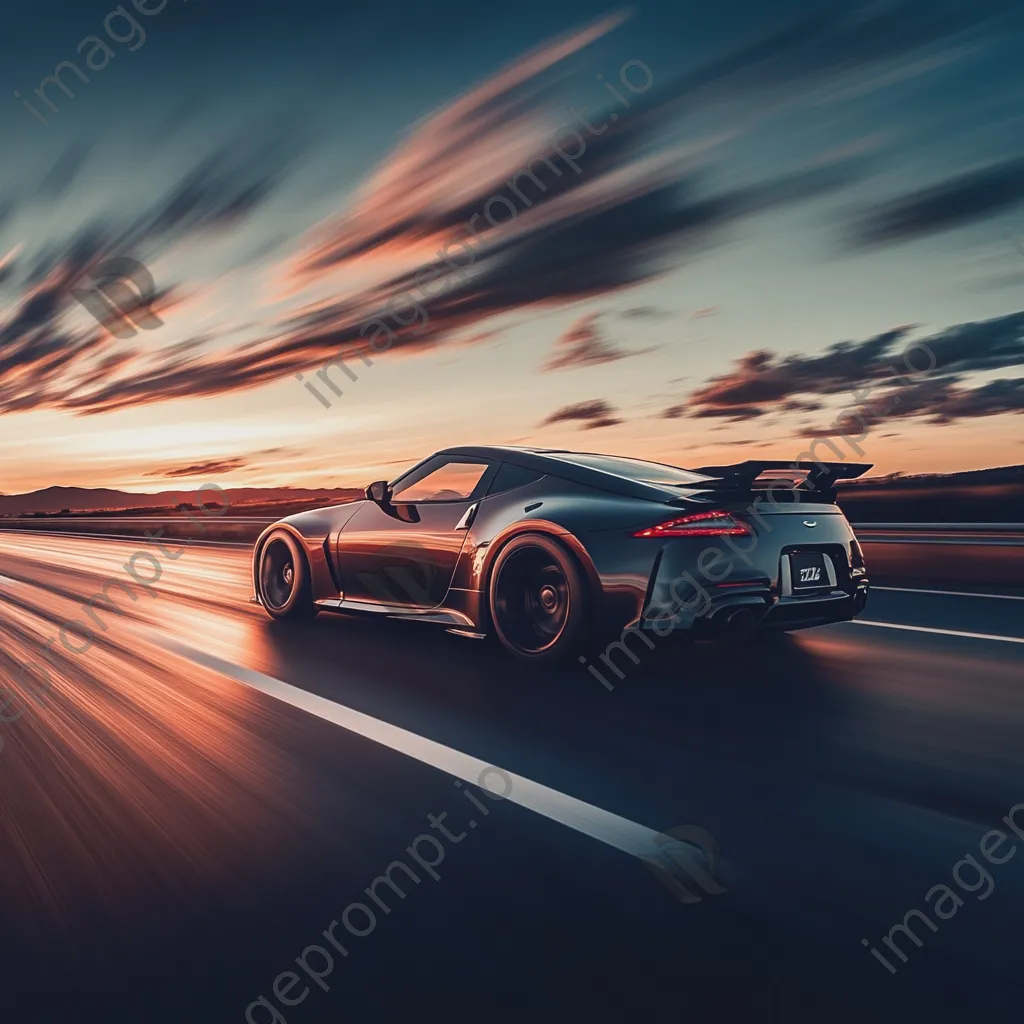 Sleek sports car driving on an empty highway at sunset - Image 3