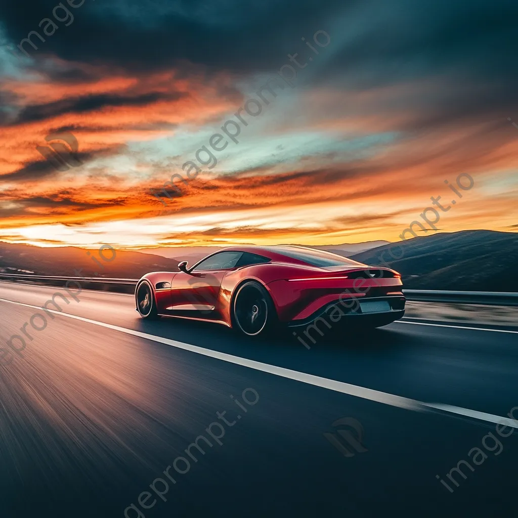 Sleek sports car driving on an empty highway at sunset - Image 4