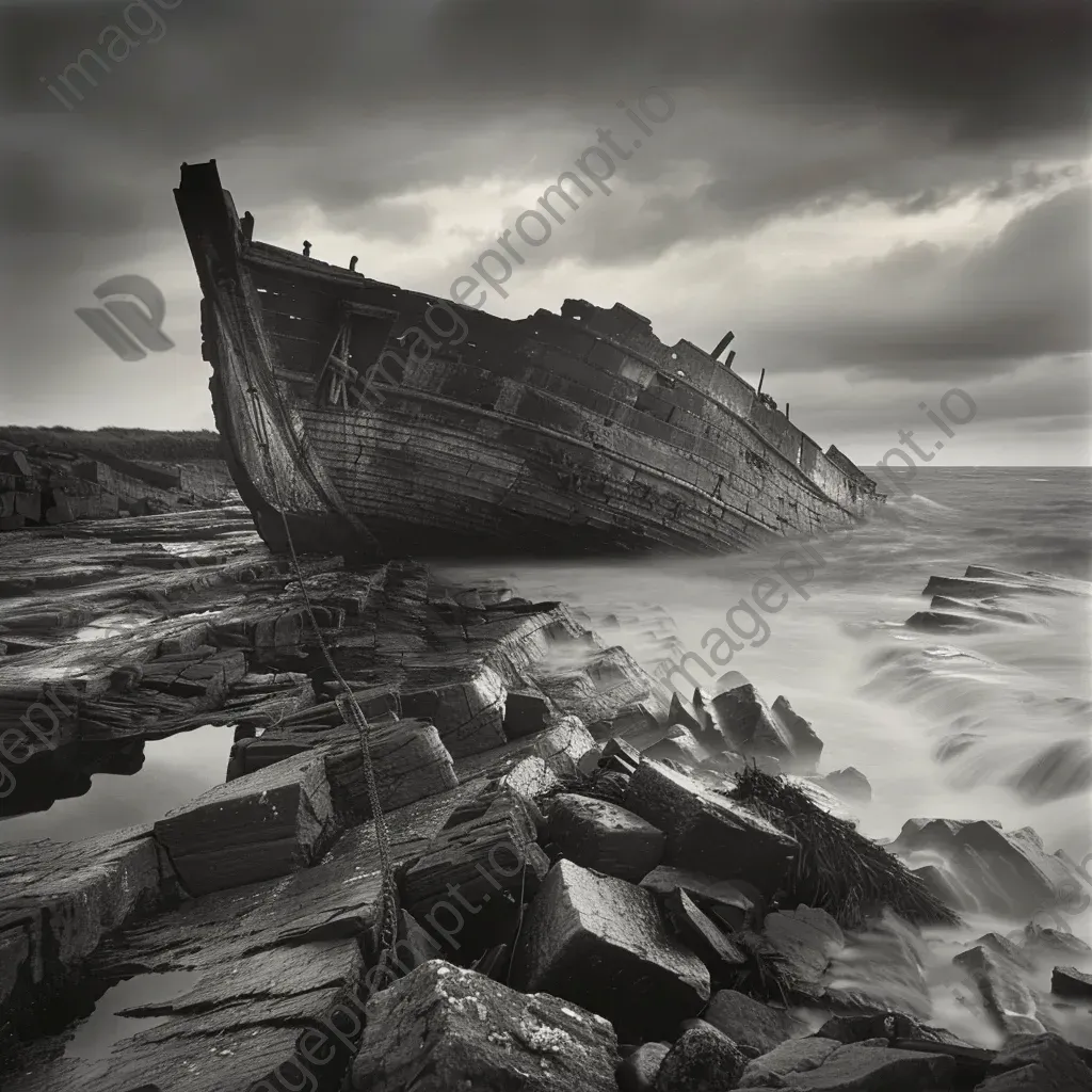 Black and white weathered shipwreck on rocky shore - Image 2