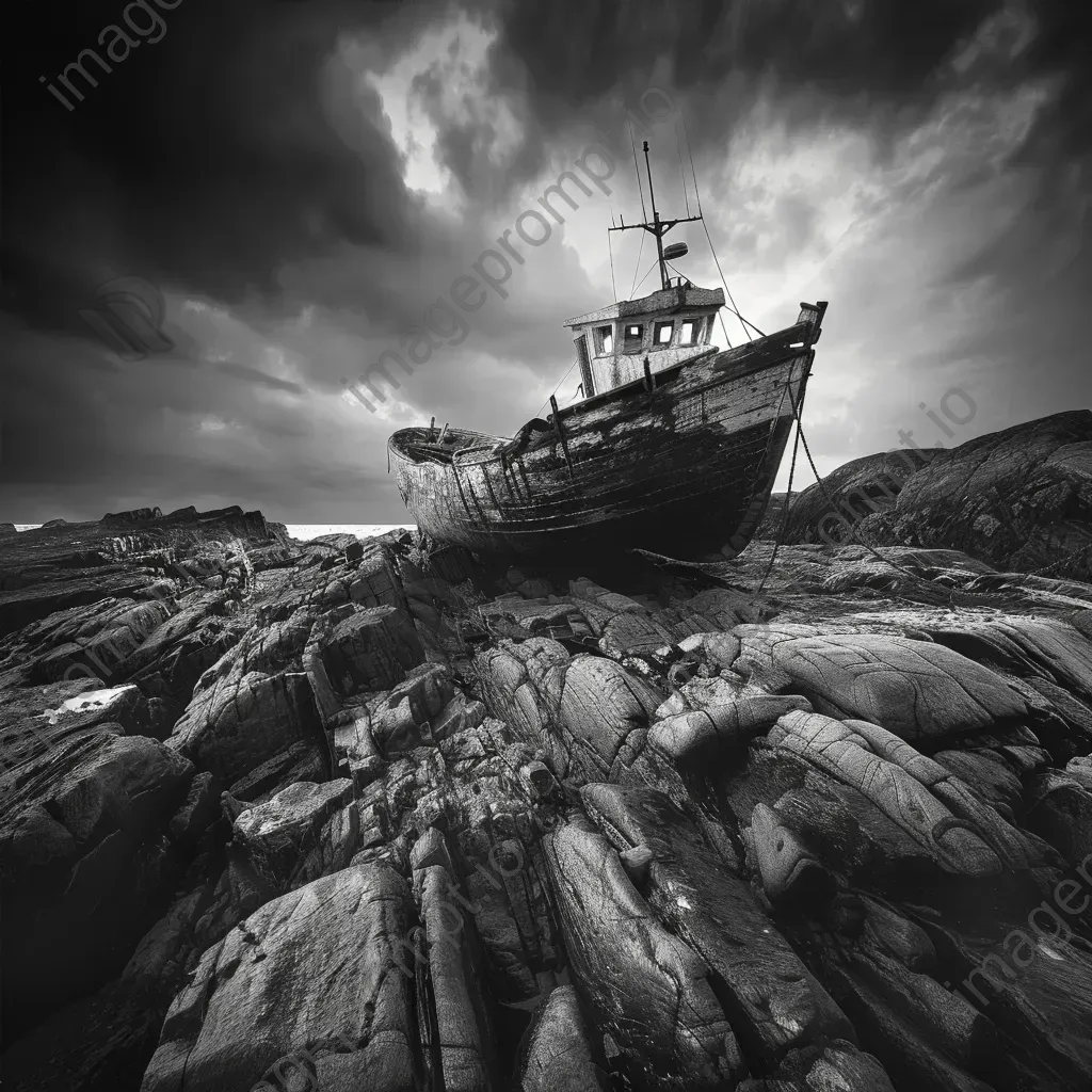 Black and white weathered shipwreck on rocky shore - Image 3