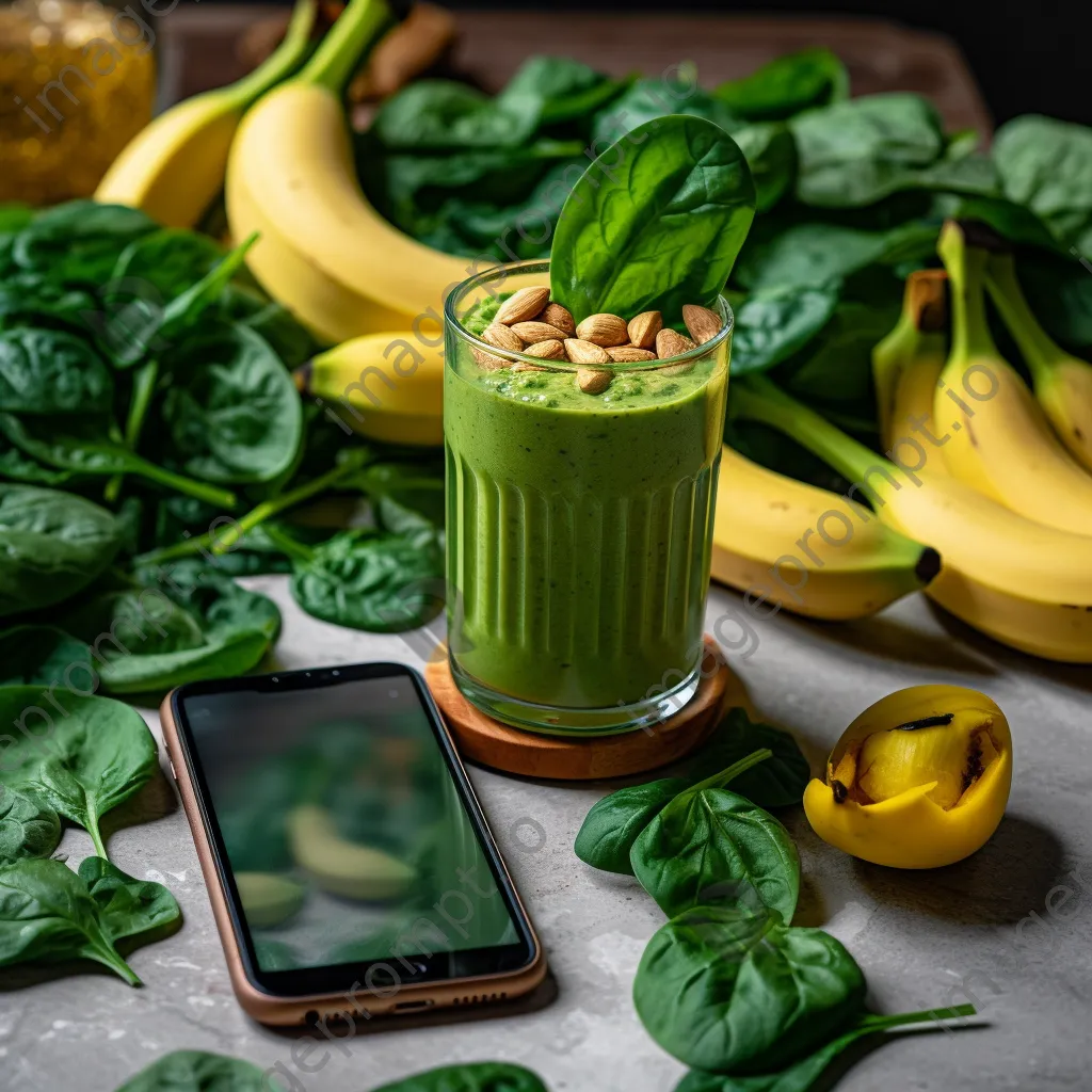 A close-up of a green smoothie in a glass surrounded by fresh ingredients. - Image 1