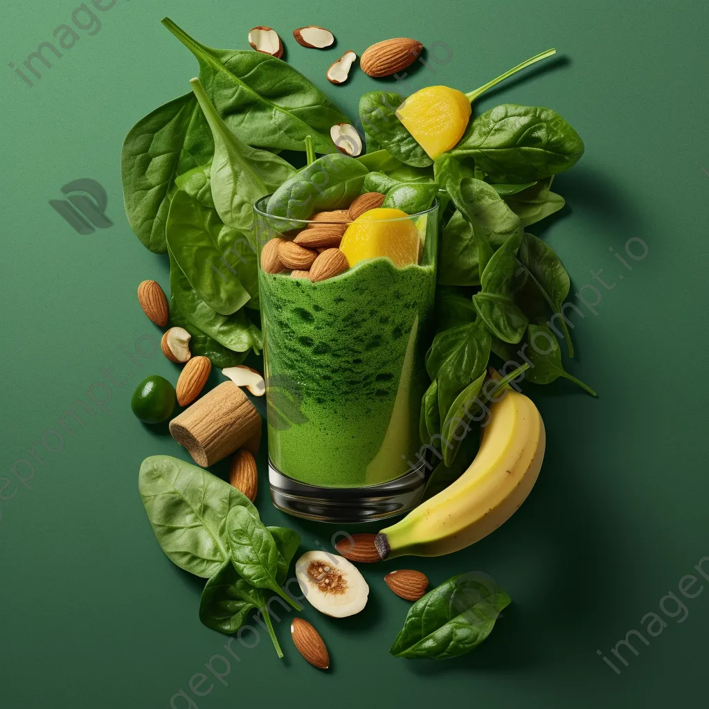 A close-up of a green smoothie in a glass surrounded by fresh ingredients. - Image 2