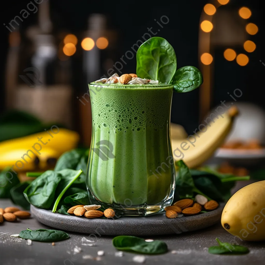 A close-up of a green smoothie in a glass surrounded by fresh ingredients. - Image 3