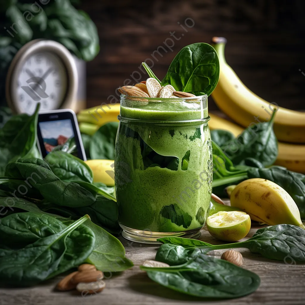 A close-up of a green smoothie in a glass surrounded by fresh ingredients. - Image 4