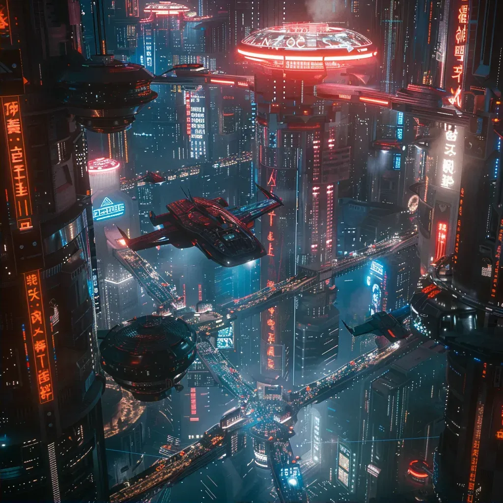 Neon-lit cyberpunk architecture with holographic displays in a futuristic cityscape - Image 2