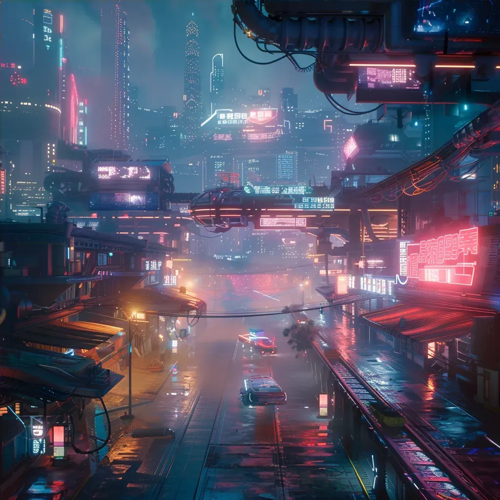 Neon-lit cyberpunk architecture with holographic displays in a futuristic cityscape - Image 4