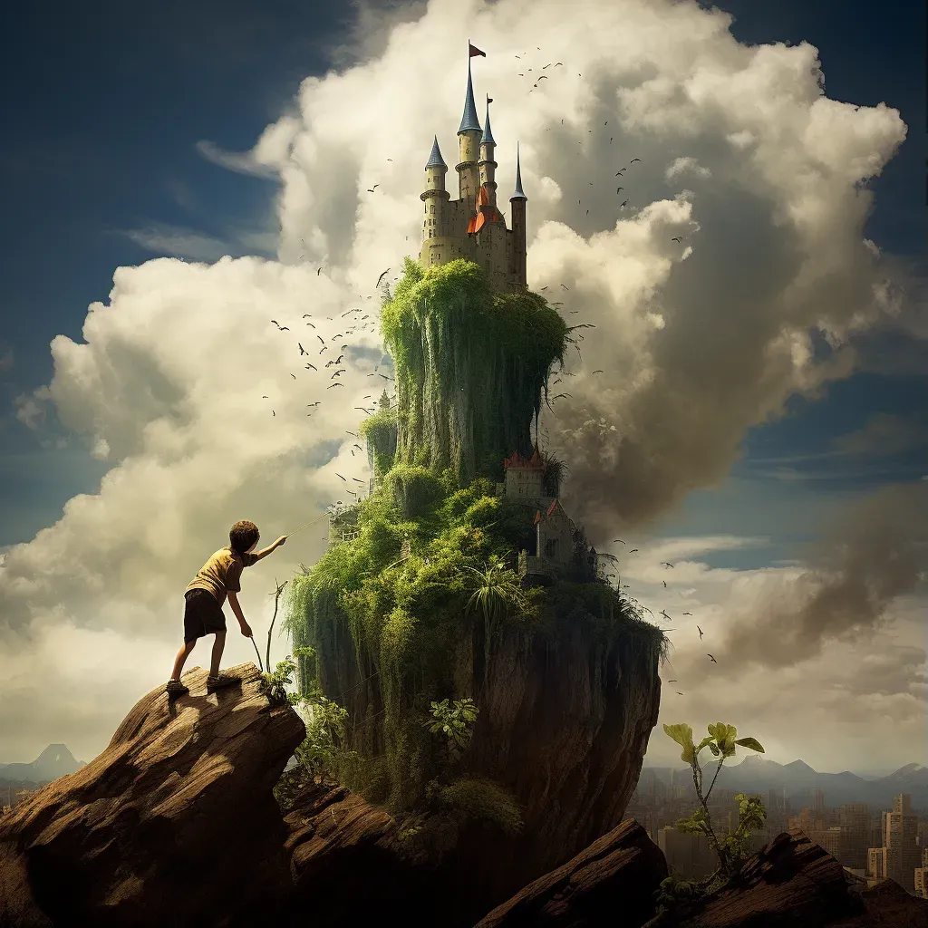 Artistic depiction of a child planting a seed growing into a giant beanstalk reaching a castle in the clouds - Image 1