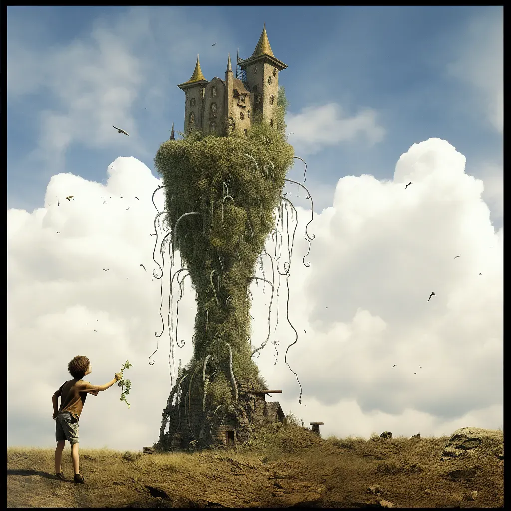 Artistic depiction of a child planting a seed growing into a giant beanstalk reaching a castle in the clouds - Image 2