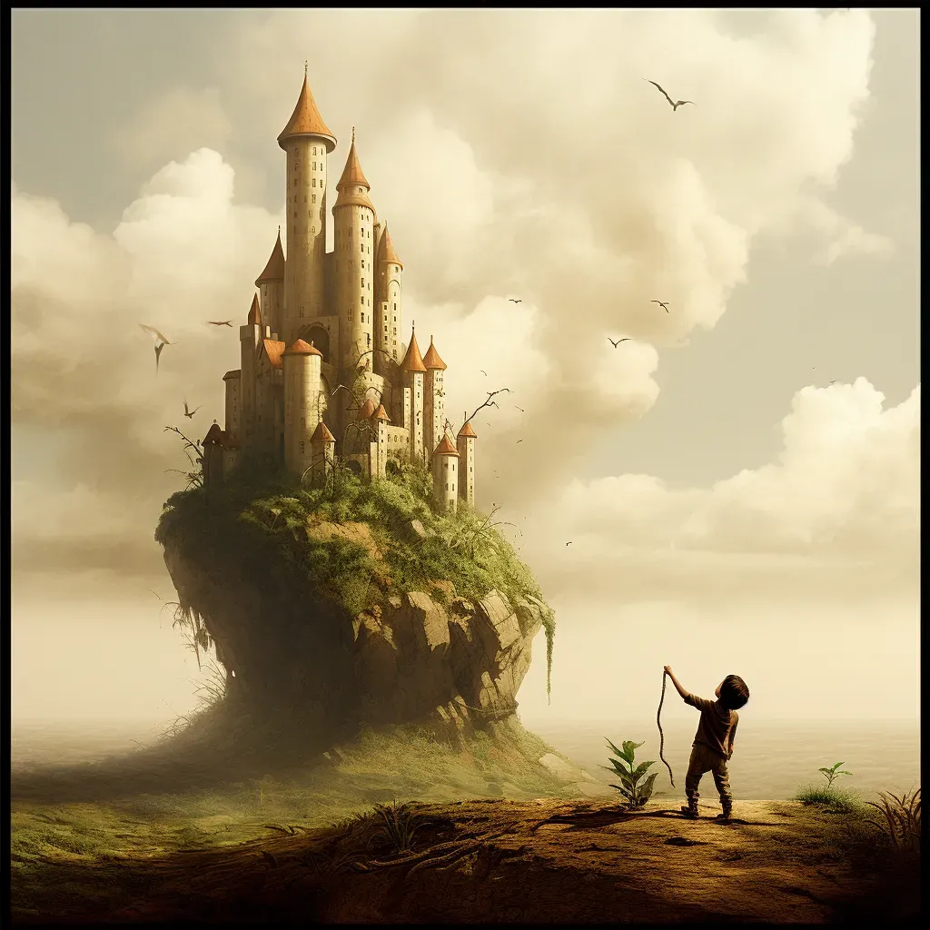 Artistic depiction of a child planting a seed growing into a giant beanstalk reaching a castle in the clouds - Image 3