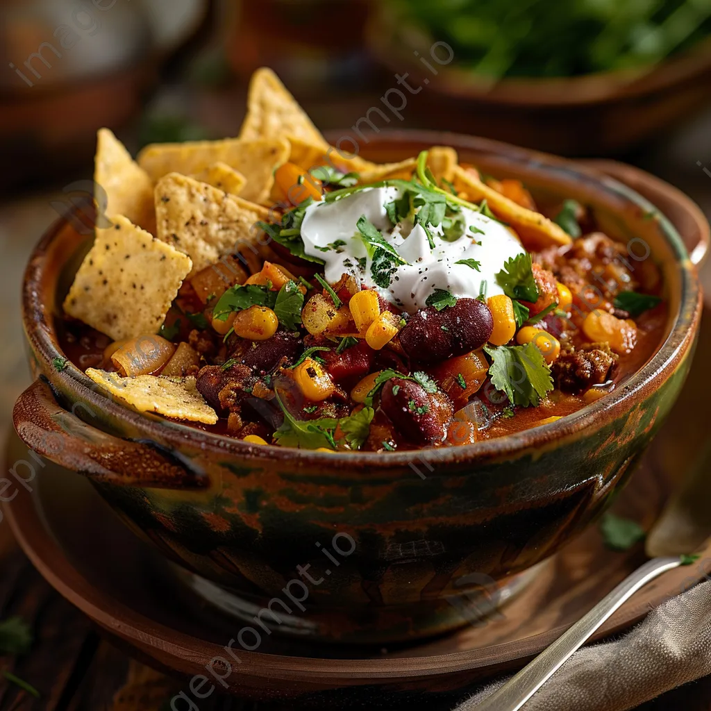 Bowl of gourmet chili topped with sour cream and chips - Image 2