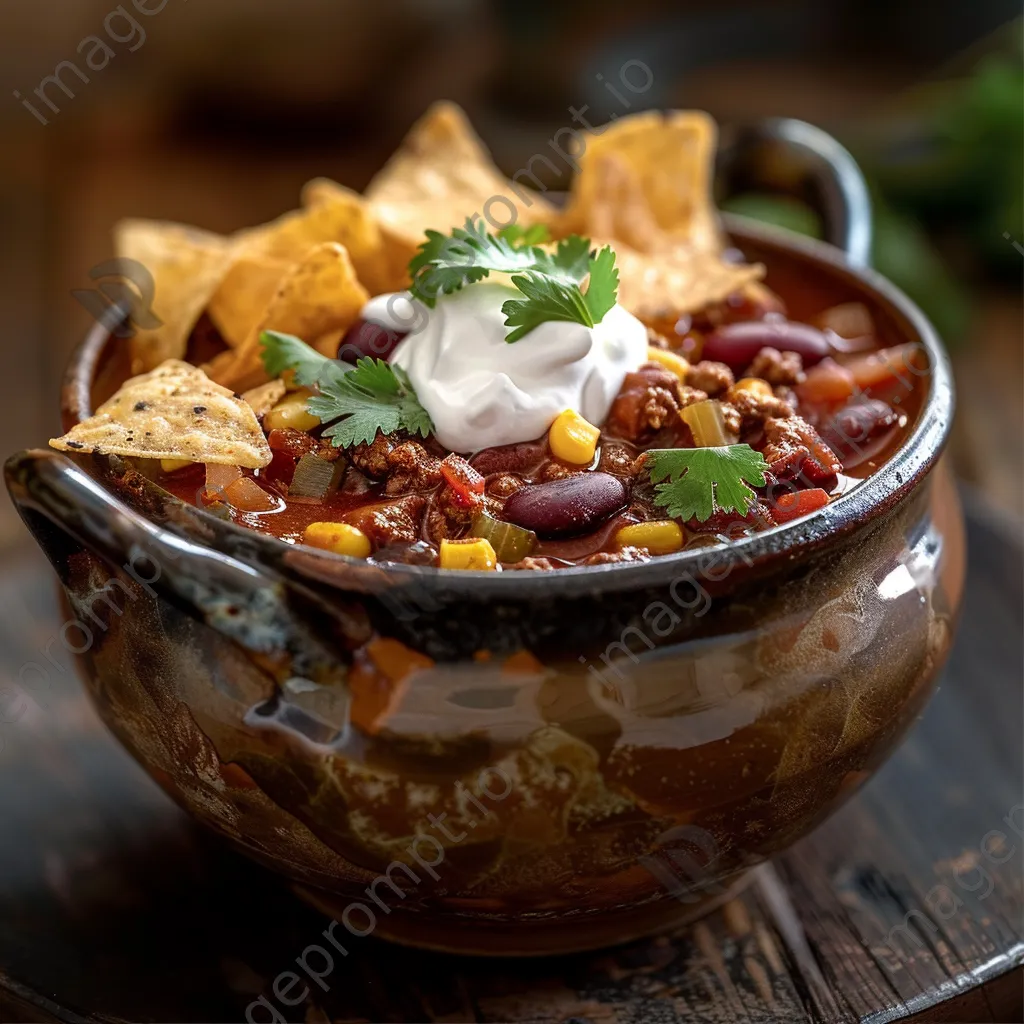 Bowl of gourmet chili topped with sour cream and chips - Image 3