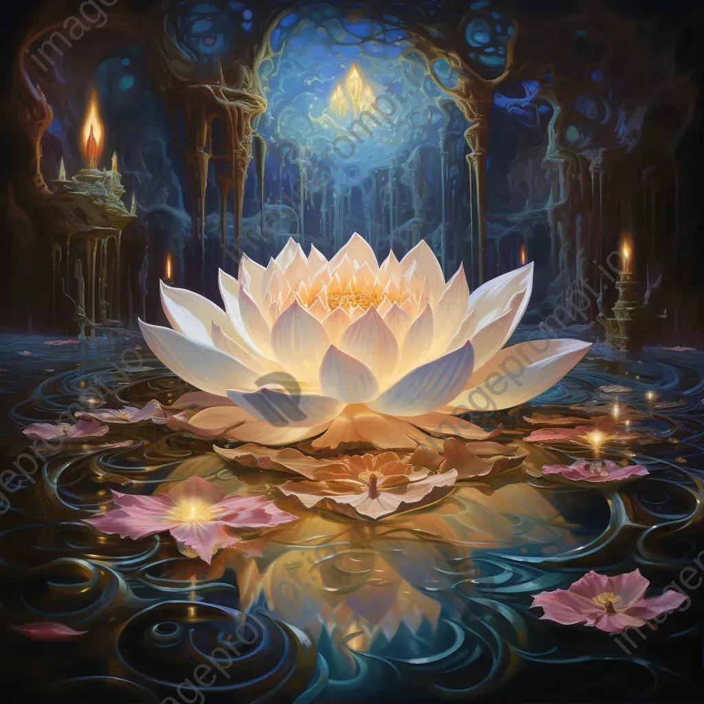 Oil painting of a dreamworld within the petals of an illuminated lotus - Image 1