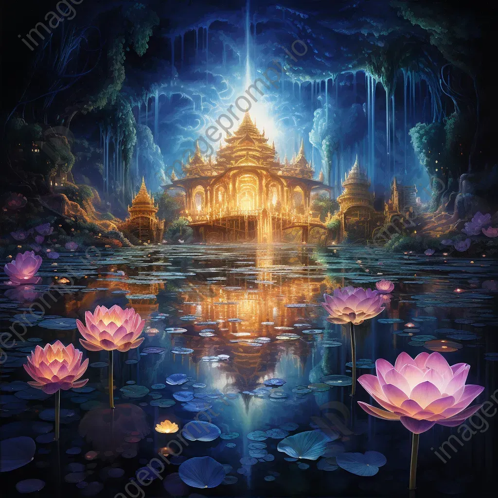 Oil painting of a dreamworld within the petals of an illuminated lotus - Image 2