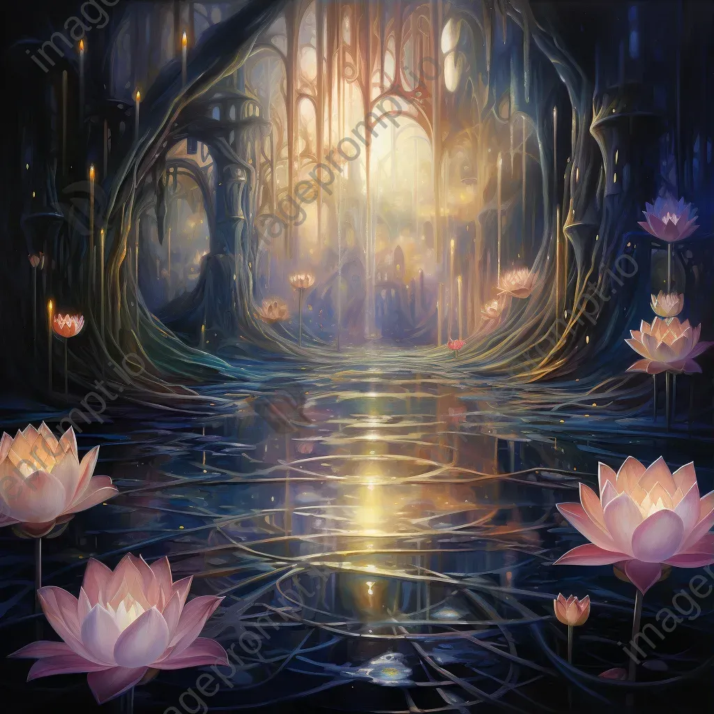 Oil painting of a dreamworld within the petals of an illuminated lotus - Image 3