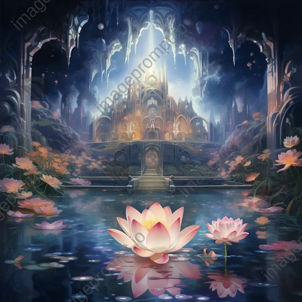 Oil painting of a dreamworld within the petals of an illuminated lotus - Image 4