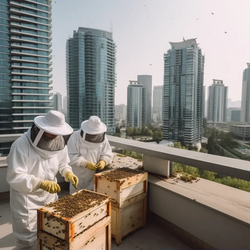 Urban rooftop beekeeping with beekeepers tending to hives in the city - Image 1