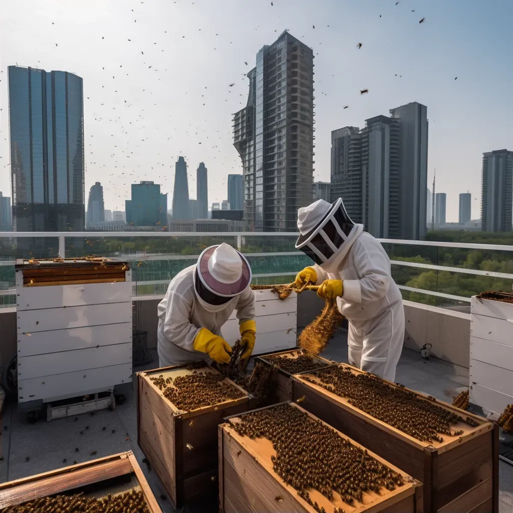 Urban rooftop beekeeping with beekeepers tending to hives in the city - Image 2