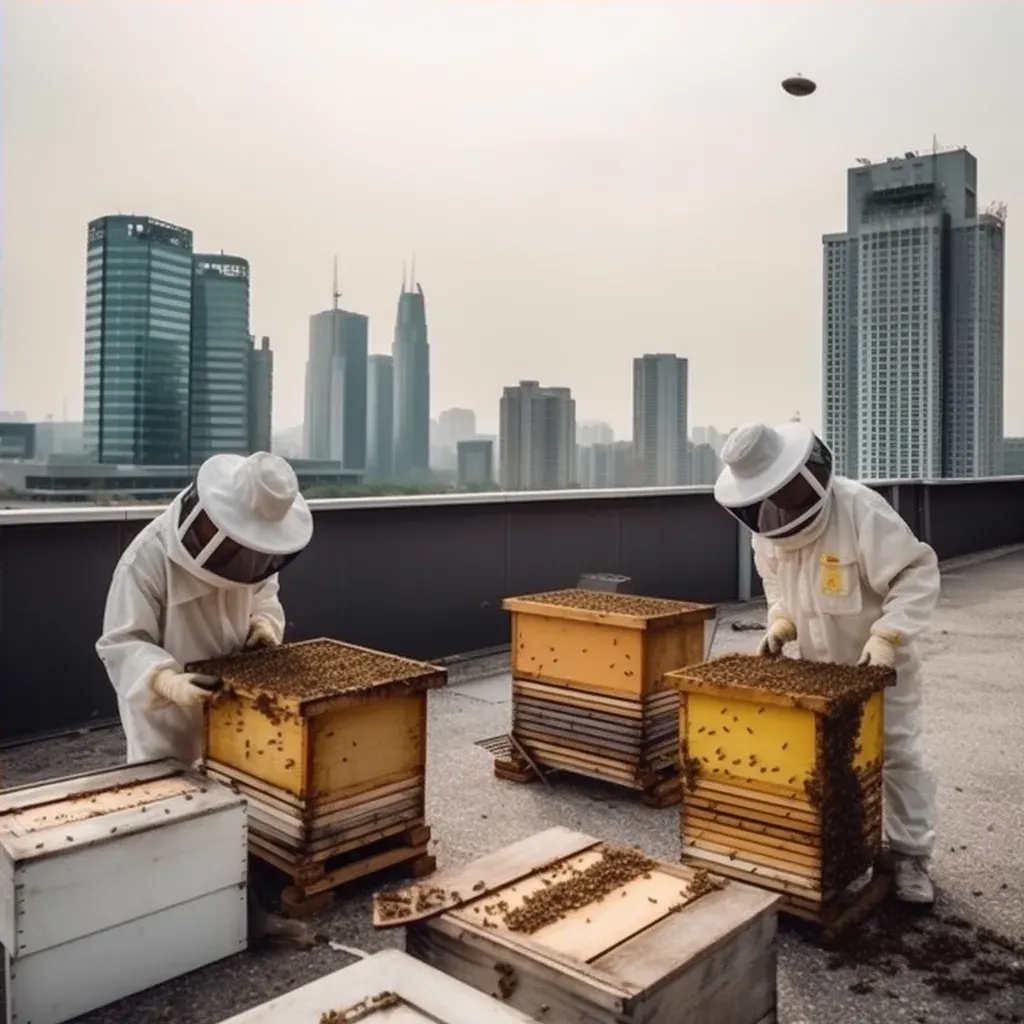 Urban rooftop beekeeping with beekeepers tending to hives in the city - Image 4