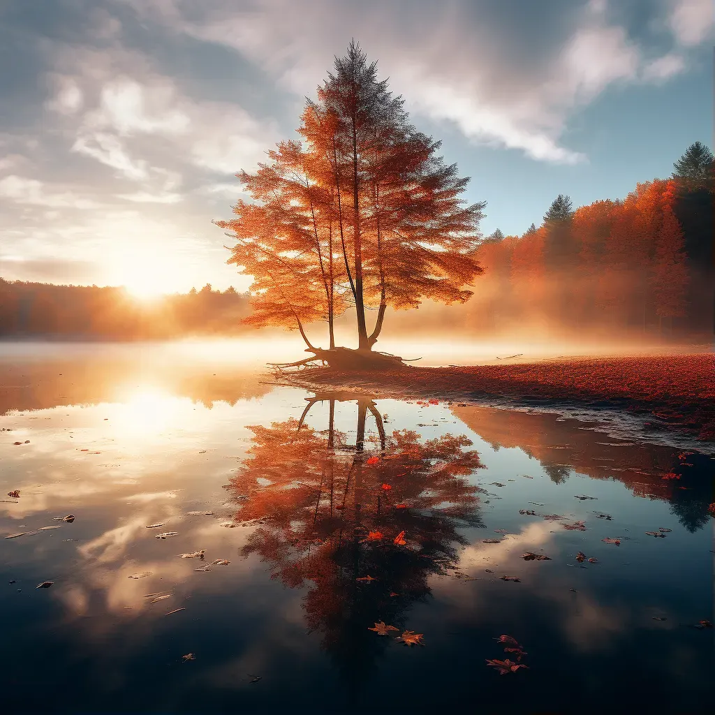 Serene autumn lake at sunrise with mist rising - Image 1