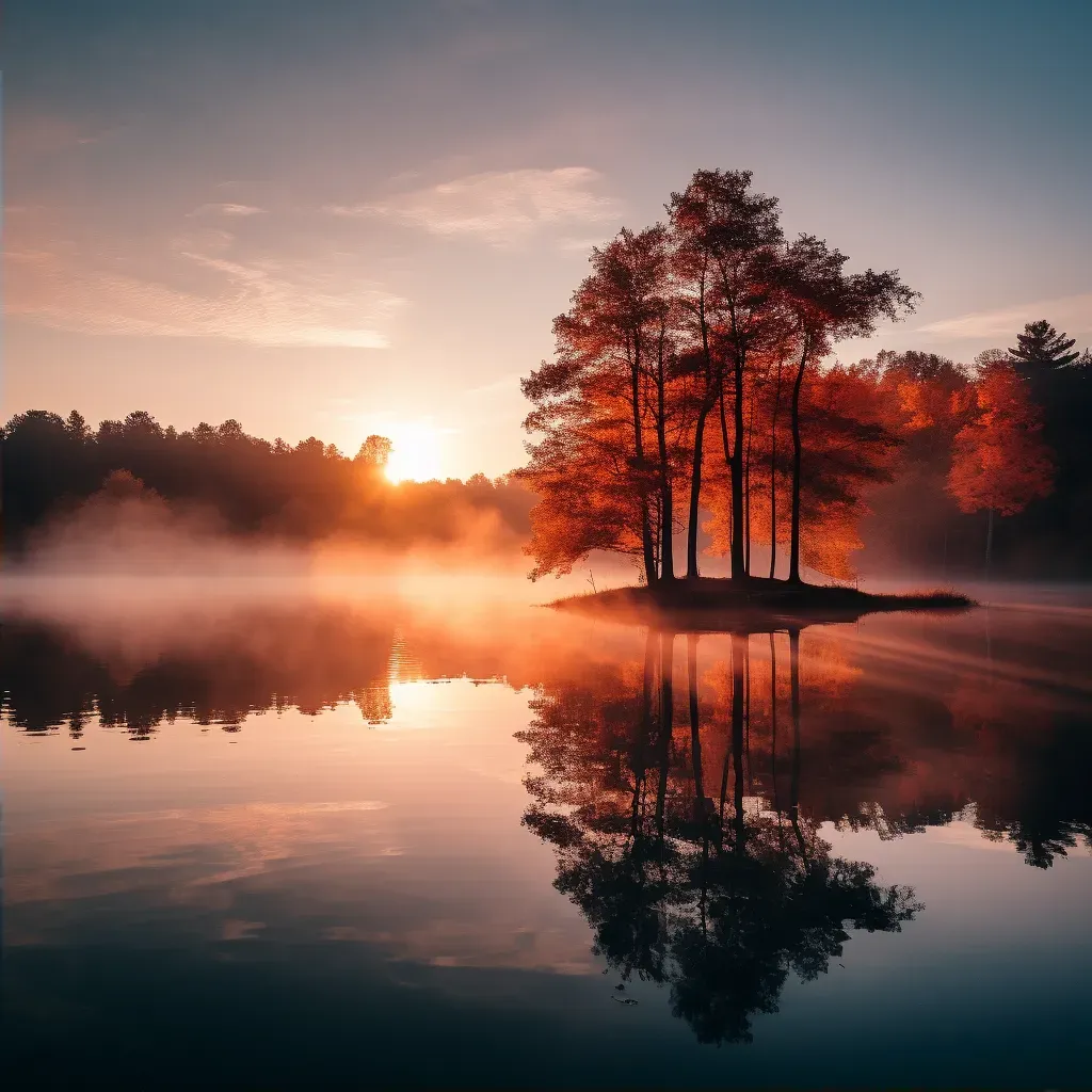 Serene autumn lake at sunrise with mist rising - Image 2