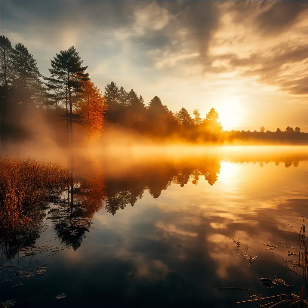 Serene autumn lake at sunrise with mist rising - Image 4