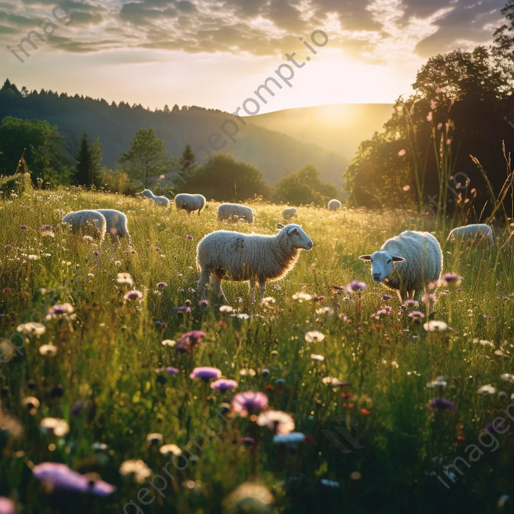 Shepherd observing sheep grazing in a colorful wildflower meadow - Image 1