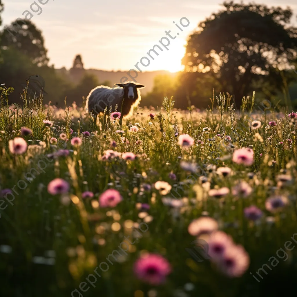 Shepherd observing sheep grazing in a colorful wildflower meadow - Image 2